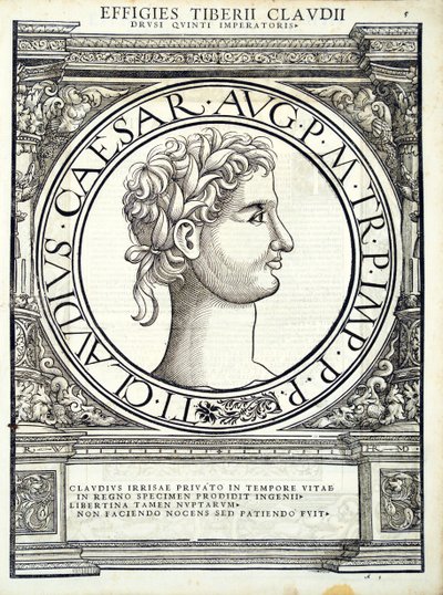 Claudius Caesar, Illustration aus Imperatorum romanorum omnium orientalium et occidentalium verissimae imagines ex antiquis numismatis von Hans Rudolf Manuel Deutsch